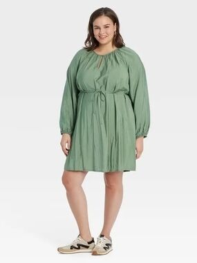 a new day Sage Green Balloon Long-Sleeve Tie-Waist Dress